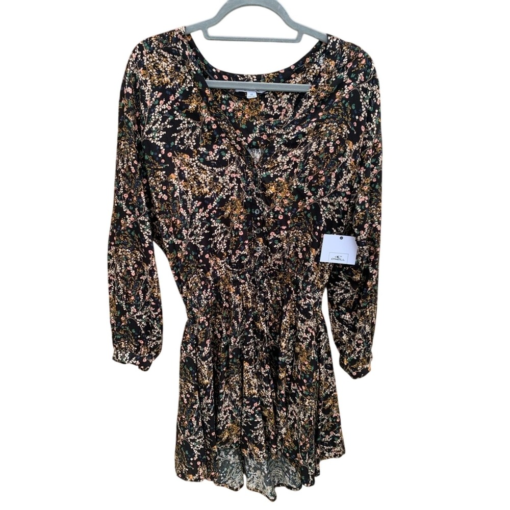 NWT O'Neill Tylee Womens Floral Long Sleeve‎ Smocked Waist V-Neck Mini Dress XS